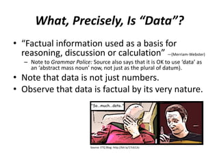 What, Precisely, Is “Data”?
• “Factual information used as a basis for
reasoning, discussion or calculation” —(Merriam-Webster)
– Note to Grammar Police: Source also says that it is OK to use ‘data’ as
an ‘abstract mass noun’ now, not just as the plural of datum).
• Note that data is not just numbers.
• Observe that data is factual by its very nature.
Source: ETQ Blog: http://bit.ly/17cb12o
 