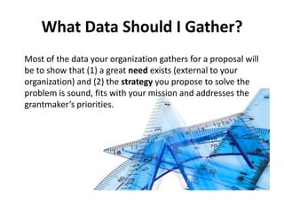 What Data Should I Gather?
Most of the data your organization gathers for a proposal will
be to show that (1) a great need exists (external to your
organization) and (2) the strategy you propose to solve the
problem is sound, fits with your mission and addresses the
grantmaker’s priorities.
 