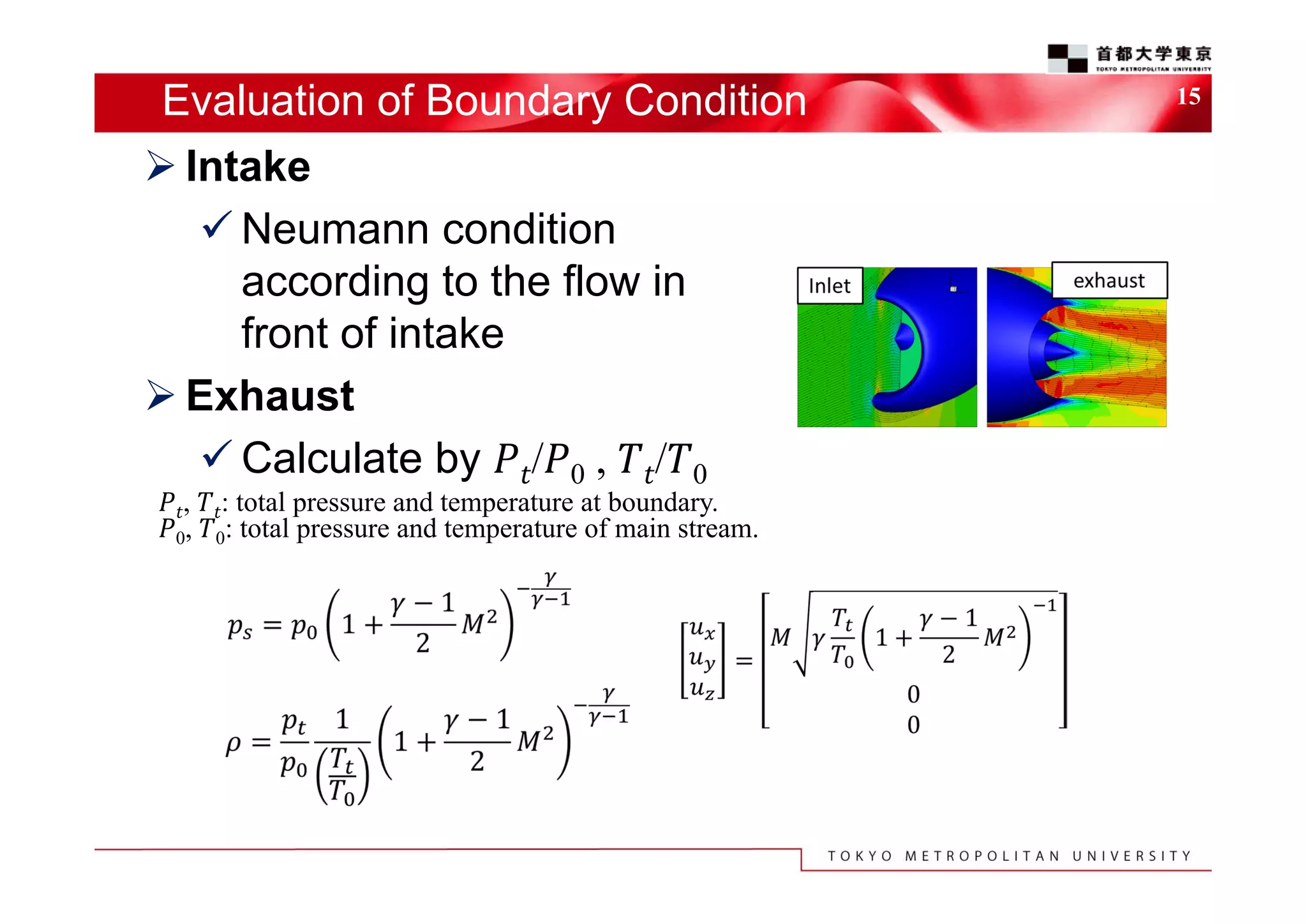 Evaluation of Boundary Condition
 Intake
 Neumann condition
according to the flow in
front of intake
 Exhaust
 Calculate by / 0 , / 0
,
0,

: total pressure and temperature at boundary.
0: total pressure and temperature of main stream.

15

 