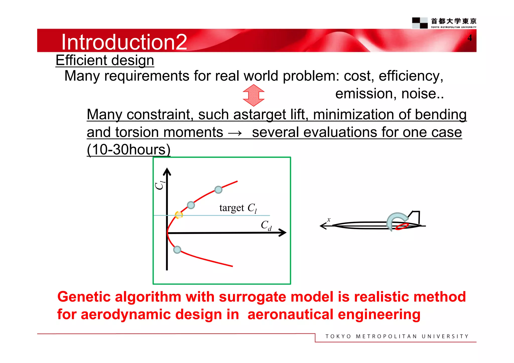 Introduction2

4

Cl

Efficient design
Many requirements for real world problem: cost, efficiency,
emission, noise..
Many constraint, such astarget lift, minimization of bending
and torsion moments → several evaluations for one case
(10-30hours)

target Cl
Cd

x

Genetic algorithm with surrogate model is realistic method
for aerodynamic design in aeronautical engineering

 