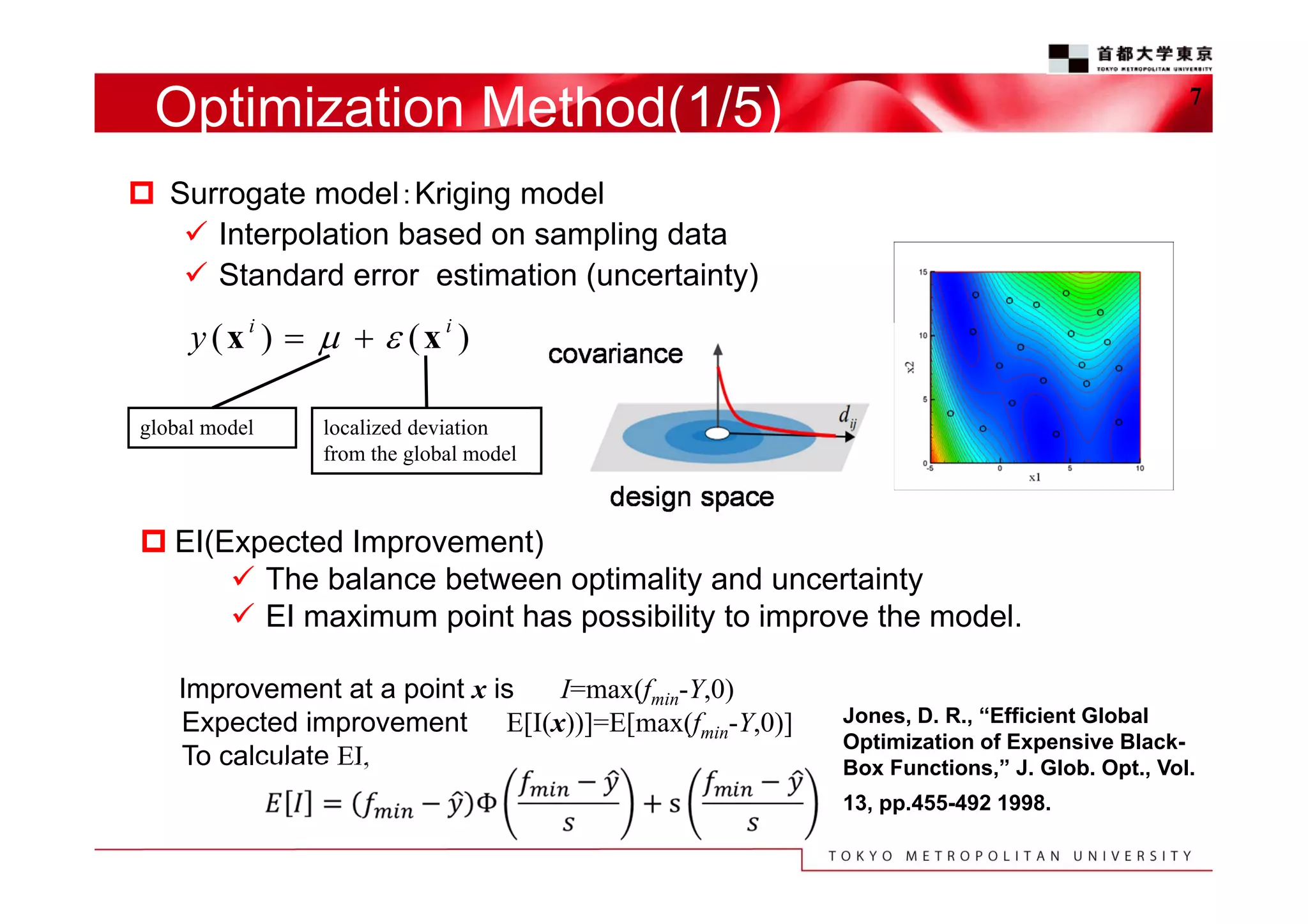 Optimization Method(1/5)

7

 Surrogate model：Kriging model
 Interpolation based on sampling data
 Standard error estimation (uncertainty)

y (xi )     (xi )
global model

localized deviation
from the global model

 EI(Expected Improvement)
 The balance between optimality and uncertainty
 EI maximum point has possibility to improve the model.
Improvement at a point x is
I=max(fmin-Y,0)
Expected improvement E[I(x))]=E[max(fmin-Y,0)]
To calculate EI,

Jones, D. R., “Efficient Global
Optimization of Expensive BlackBox Functions,” J. Glob. Opt., Vol.
13, pp.455-492 1998.

 