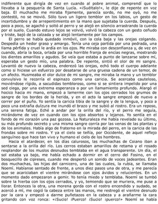 indiferente	 que	 dirigía	 de	 vez	 en	 cuando	 al	 pobre	 animal,	 comprendí	 que	 lo
llevaba	 a	 la	 pesquería	 de	 Santa	 Lucía.	 «¡Suéltalo!»,	 le	 dije	 de	 repente	 en	 voz
baja.	 El	 muchacho	 me	 miraba	 fijamente,	 parecía	 sordo,	 no	 me	 oyó,	 no	 me
contestó,	 no	 se	 movió.	 Sólo	 tuvo	 un	 ligero	 temblor	 en	 los	 labios,	 un	 gesto	 de
incertidumbre	y	de	arrepentimiento	en	la	mano	que	sujetaba	la	cuerda.	Después,
poco	a	poco,	se	agachó	y	soltó	al	perro	y	se	alejó	en	silencio	arrastrando	la	cuerda
por	el	suelo.	Cuando	estuvo	lejos	se	volvió,	volvió	la	cabeza	con	un	gesto	ceñudo
y	triste,	bajó	de	la	calzada	y	se	alejó	lentamente	por	los	campos.
El	 perro	 se	 había	 quedado	 inmóvil,	 con	 la	 cola	 baja	 y	 las	 orejas	 colgando.
Despedía	un	hedor	graso	y	amargo.	Tenía	una	ceja	partida	por	una	pedrada,	una
llama	pérfida	y	cruel	le	ardía	en	los	ojos.	Me	miraba	con	desconfianza	y,	de	vez	en
cuando,	abría	la	boca,	orlada	por	una	horrible	franja	de	encías	negras,	mostrando
los	dientes	amarillos	y	agudos.	Se	veía	que	estaba	a	punto	de	lanzarse	sobre	mí,
esperaba	 un	 gesto	 mío,	 una	 palabra.	 De	 repente,	 sintió	 el	 olor	 de	 mi	 sangre.
Levantó	 de	 nuevo	 la	 cabeza,	 enderezó	 las	 orejas,	 echó	 todo	 el	 cuerpo	 adelante
como	si	hiciese	un	esfuerzo	por	desatarse	de	una	gruesa	cadena	de	un	temor,	de
un	afecto.	Husmeaba	el	olor	dulce	de	mi	sangre,	me	miraba	la	mano	y	un	temblor
convulsivo	 le	 recorría	 el	 espinazo	 como	 una	 caricia.	 Se	 acercaba	 cauteloso,
moviéndose	rígido,	a	sacudidas	tembloroso,	como	si	se	sintiera	impelido	por	una
sed	ciega,	por	una	extrema	esperanza	o	por	un	llamamiento	profundo.	Alargó	el
hocico	 hacia	 mi	 mano,	 empezó	 a	 lamerme	 con	 los	 ojos	 cerrados	 los	 grumos	 de
sangre	 de	 los	 bordes	 de	 la	 herida,	 y	 en	 el	 acto	 la	 sangre	 empezó	 de	 nuevo	 a
correr	por	el	puño.	Yo	sentía	la	caricia	tibia	de	la	sangre	y	de	la	lengua,	y	poco	a
poco	una	extraña	dulzura	me	inundó	el	brazo	y	me	subió	al	rostro.	Era	un	reposo,
una	 serena	 fatiga.	 Eché	 a	 andar	 por	 la	 orilla	 del	 río,	 y	 el	 perro	 me	 seguía,
mirándome	 de	 vez	 en	 cuando	 con	 los	 ojos	 absortos	 y	 lejanos.	 Yo	 sentía	 en	 el
fondo	de	mi	corazón	una	paz	gozosa.	La	Naturaleza	me	había	revelado	su	último,
su	más	profundo	secreto	y	una	misma	sangre	corría	por	las	venas	de	las	plantas	y
de	los	animales.	Había	algo	de	fraterno	en	la	mirada	del	perro,	en	la	caricia	de	las
frondas	 sobre	 mi	 rostro.	 Y	 ya	 el	 cielo	 se	 teñía,	 por	 Occidente,	 de	 aquel	 reflejo
sanguíneo	que	hace	tan	vivo	y	humano	el	cielo	de	los	hombres.
Hacia	 el	 atardecer,	 en	 los	 días	 calurosos,	 las	 muchachas	 de	 Coiano	 iban	 a
sentarse	 a	 la	 orilla	 del	 río.	 Los	 cerros	 estaban	 amarillos	 de	 retama	 y	 el	 rosado
resplandor	de	los	muslos	desnudos	temblaba	en	el	agua	transparente.	Un	día,	el
sol	 estaba	 ya	 bajo,	 me	 había	 echado	 a	 dormir	 en	 el	 cerro	 del	 Fosino,	 en	 el
bosquecillo	de	cipreses,	cuando	me	despertó	un	sonido	de	voces	jadeantes.	Eran
dos	 muchachas,	 las	 hijas	 del	 carnicero,	 una	 de	 las	 cuales,	 la	 rubia,	 se	 llamaba
Noemí.	Habíanse	sentado	de	frente,	a	unos	diez	pasos	una	de	otra,	y	me	parecía
que	 se	 acariciaban	 el	 vientre	 mirándose	 con	 ojos	 ávidos	 y	 relucientes.	 En	 un
momento	dado	empezaron	a	gemir.	Yo	tenía	miedo	y	temblaba.	Noemí	se	tumbó
sobre	la	hierba	con	los	ojos	cerrados,	y	yo,	temiendo	que	se	muriera,	me	puse	a
llorar.	Entonces	la	otra,	una	morena	gorda	con	el	rostro	encendido	y	sudado,	se
acercó	a	mí,	me	cogió	la	cabeza	entre	las	manos,	me	restregó	el	vientre	desnudo
por	 la	 cara	 y	 empezó	 a	 darme	 puñetazos	 en	 la	 cabeza	 y	 a	 arañarme	 la	 cara
gritando	 con	 voz	 ronca:	 «¡Sucio!	 ¡Puerco!	 ¡Sucio!	 ¡puerco!»	 Noemí	 se	 había
 