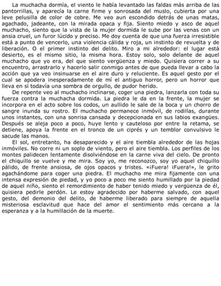 La	muchacha	dormía,	el	viento	le	había	levantado	las	faldas	más	arriba	de	las
pantorrillas,	 y	 aparecía	 la	 carne	 firme	 y	 sonrosada	 del	 muslo,	 cubierta	 por	 una
leve	 pelusilla	 de	 color	 de	 cobre.	 Me	 veo	 aun	 escondido	 detrás	 de	 unas	 matas,
agachado,	 jadeante,	 con	 la	 mirada	 opaca	 y	 fija.	 Siento	 miedo	 y	 asco	 de	 aquel
muchacho,	siento	que	la	vista	de	la	mujer	dormida	le	sube	por	las	venas	con	un
ansia	cruel,	un	furor	lúcido	y	preciso.	Me	doy	cuenta	de	que	una	fuerza	irresistible
está	a	punto	de	vencerlo,	una	violencia	cálida	y	roja,	un	instinto	de	revuelta	y	de
liberación.	 O	 el	 primer	 instinto	 del	 delito.	 Miro	 a	 mi	 alrededor:	 el	 lugar	 está
desierto,	 es	 el	 mismo	 sitio,	 la	 misma	 hora.	 Estoy	 solo,	 solo	 delante	 de	 aquel
muchacho	 que	 yo	 era,	 del	 que	 siento	 vergüenza	 y	 miedo.	 Quisiera	 correr	 a	 su
encuentro,	arrastrarlo	y	hacerlo	salir	conmigo	antes	de	que	pueda	llevar	a	cabo	la
acción	que	ya	veo	insinuarse	en	el	aire	duro	y	reluciente.	Es	aquel	gesto	por	el
cual	 se	 apodera	 inesperadamente	 de	 mí	 el	 antiguo	 horror,	 pero	 un	 horror	 que
lleva	en	sí	todavía	una	sombra	de	orgullo,	de	pudor	herido.
De	repente	veo	al	muchacho	inclinarse,	coger	una	piedra,	lanzarla	con	toda	su
fuerza	 contra	 la	 muchacha	 dormida.	 La	 piedra	 le	 da	 en	 la	 frente,	 la	 mujer	 se
incorpora	en	el	acto	sobre	los	codos,	un	aullido	le	sale	de	la	boca	y	un	chorro	de
sangre	 inunda	 su	 rostro.	 El	 muchacho	 permanece	 inmóvil,	 de	 rodillas,	 durante
unos	instantes,	con	una	sonrisa	cansada	y	decepcionada	en	sus	labios	exangües.
Después	 se	 aleja	 poco	 a	 poco,	 huye	 lento	 y	 cauteloso	 por	 entre	 la	 retama,	 se
detiene,	 apoya	 la	 frente	 en	 el	 tronco	 de	 un	 ciprés	 y	 un	 temblor	 convulsivo	 le
sacude	las	manos.
El	 sol,	 entretanto,	 ha	 desaparecido	 y	 el	 aire	 tiembla	 alrededor	 de	 las	 hojas
inmóviles.	No	corre	ni	un	soplo	de	viento,	pero	el	aire	tiembla.	Los	perfiles	de	los
montes	palidecen	lentamente	disolviéndose	en	la	carne	viva	del	cielo.	De	pronto
el	 chiquillo	 se	 vuelve	 y	 me	 mira.	 Soy	 yo,	 me	 reconozco,	 soy	 yo	 aquel	 chiquillo
pálido,	 de	 frente	 ansiosa,	 de	 ojos	 opacos	 y	 tristes.	 «¡Fuera!	 ¡Fuera!»,	 le	 grito
agachándome	 para	 coger	 una	 piedra.	 El	 muchacho	 me	 mira	 fijamente	 con	 una
intensa	expresión	de	piedad,	y	yo	poco	a	poco	me	siento	humillado	por	la	piedad
de	aquel	niño,	siento	el	remordimiento	de	haber	tenido	miedo	y	vergüenza	de	él,
quisiera	 pedirle	 perdón.	 Le	 estoy	 agradecido	 por	 haberme	 salvado,	 con	 aquel
gesto,	 del	 demonio	 del	 delito,	 de	 haberme	 liberado	 para	 siempre	 de	 aquella
misteriosa	 esclavitud	 que	 hace	 del	 amor	 el	 sentimiento	 más	 cercano	 a	 la
esperanza	y	a	la	humillación	de	la	muerte.
 