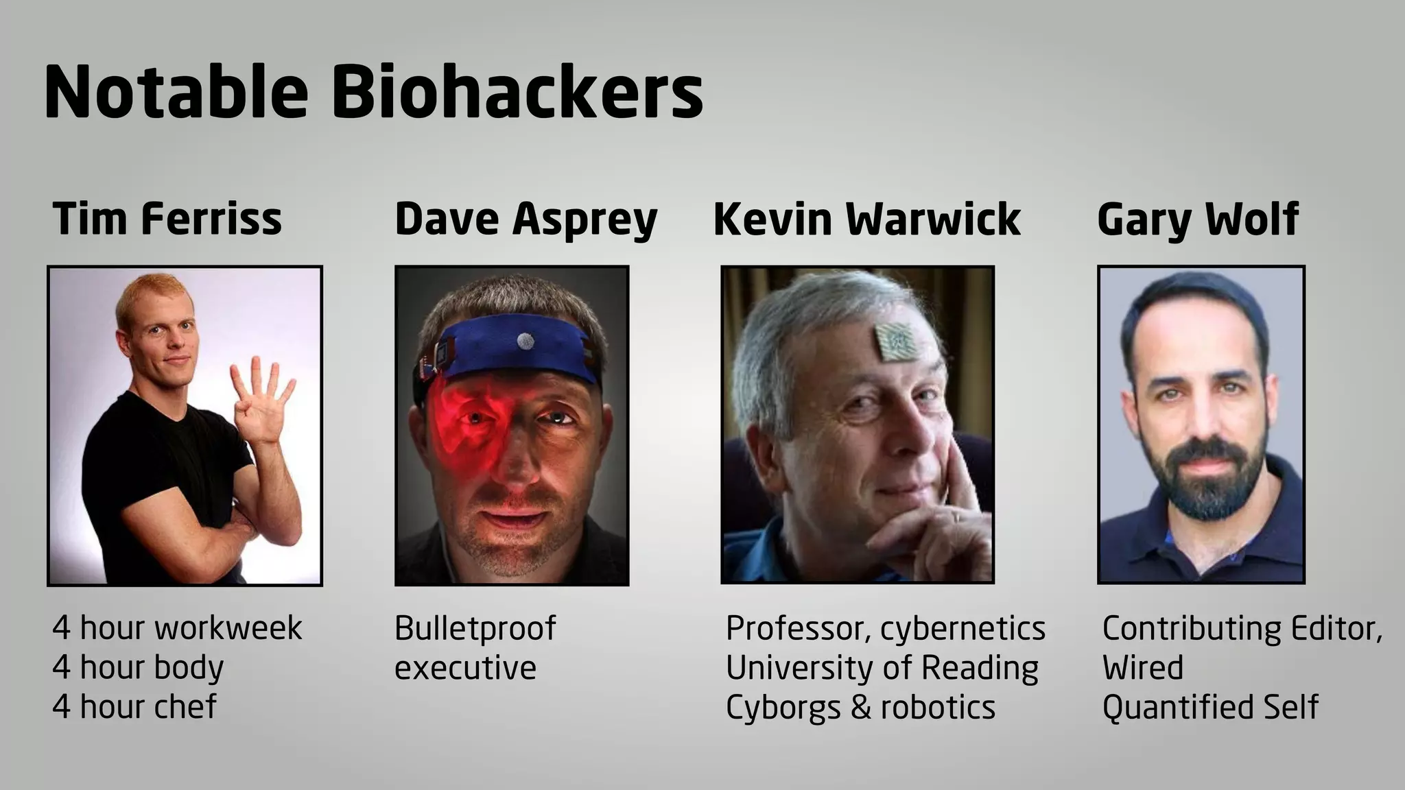 Notable Biohackers
Tim Ferriss

Dave Asprey

4 hour workweek
4 hour body
4 hour chef

Bulletproof
executive

Kevin Warwick

Professor, cybernetics
University of Reading
Cyborgs & robotics

Gary Wolf

Contributing Editor,
Wired
Quantified Self

 