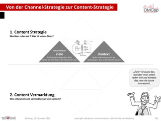 Von der Channel-Strategie zur Content-Strategie

1. Content Strategie
Worüber reden wir ? Was ist unsere Story?

Wirtschaftliche

Ziele

Kontext

Auf welche strategischen Ziele
zahlen wir ein? Was ist der Nutzen für uns?

Wofür interessieren sich die
Stakeholder? Was ist der Nutzen für sie?

„Ziele“ ist quasi das,
worüber man selbst
reden will und Kontext
das, was die Leute
interessiert.

2. Content Vermarktung
Wie entwickeln und vermarkten wir den Content?

Montag, 14. Oktober 2013

copyright talkabout communications (alle Rechte vorbehalten)

35

 