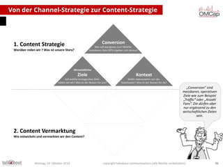 Von der Channel-Strategie zur Content-Strategie

Conversion

1. Content Strategie

Wer soll was genau tun? Welche
messbaren Ziele (KPI) ergeben sich daraus?

Worüber reden wir ? Was ist unsere Story?

Wirtschaftliche

Ziele

Kontext

Auf welche strategischen Ziele
zahlen wir ein? Was ist der Nutzen für uns?

Wofür interessieren sich die
Stakeholder? Was ist der Nutzen für sie?

„Conversion“ sind
messbaren, operativen
Ziele wie zum Beispiel
„Traffic“ oder „Anzahl
Fans“. Die dürfen aber
nur ergänzend zu den
wirtschaftlichen Zielen
sein.

2. Content Vermarktung
Wie entwickeln und vermarkten wir den Content?

Montag, 14. Oktober 2013

copyright talkabout communications (alle Rechte vorbehalten)

36

 