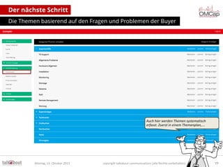 Der nächste Schritt
Die Themen basierend auf den Fragen und Problemen der Buyer

Auch hier werden Themen systematisch
erfasst. Zuerst in einem Themenplan,….

Montag, 14. Oktober 2013

copyright talkabout communications (alle Rechte vorbehalten)

77

 