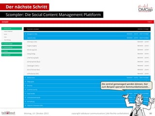 Der nächste Schritt
Scompler: Die Social Content Management Plattform

Die zentral gemanaged werden können, hier
zum Beispiel operative Kommunikationsziele…

Montag, 14. Oktober 2013

copyright talkabout communications (alle Rechte vorbehalten)

80

 