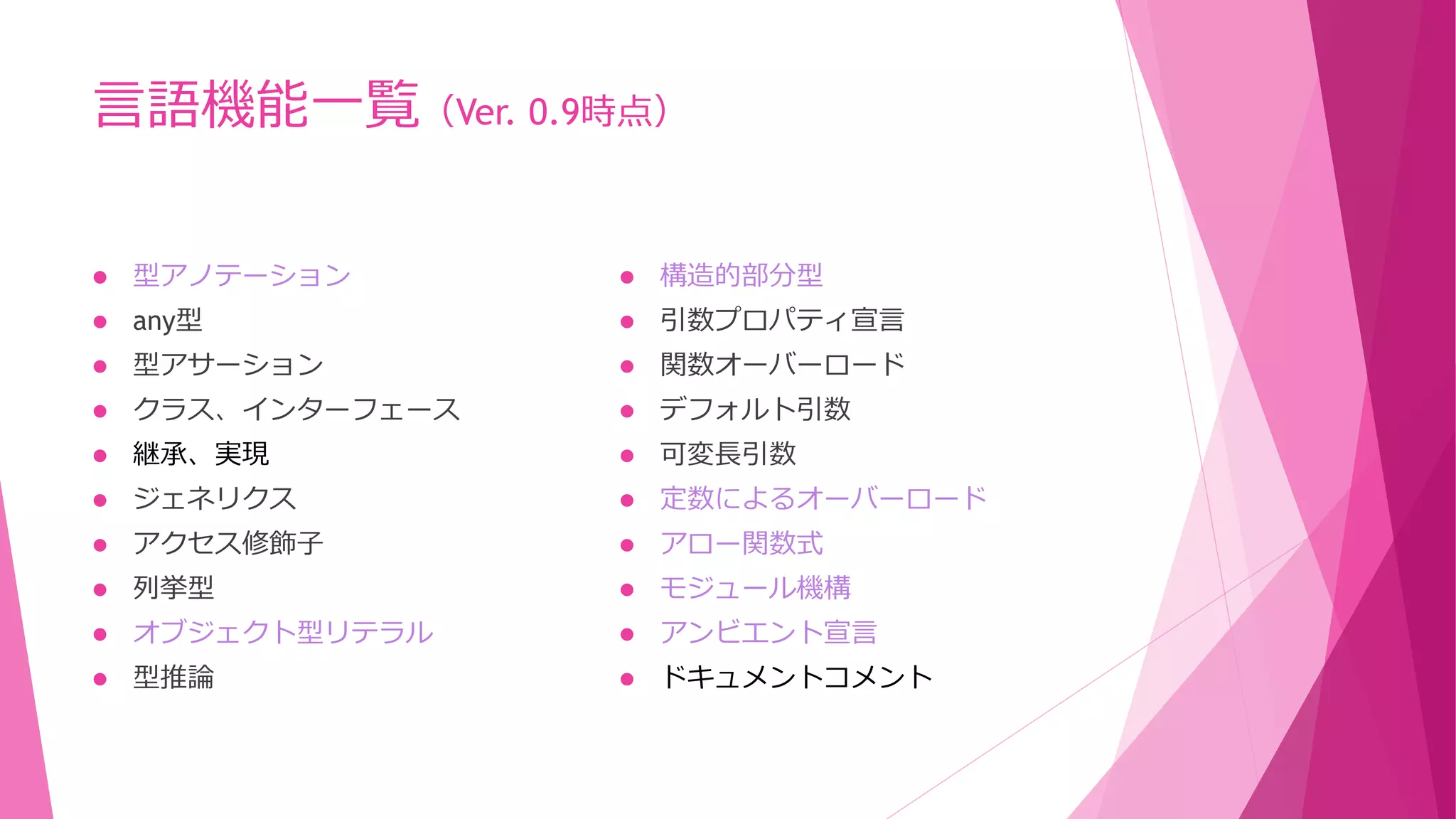 言語機能一覧（Ver. 0.9時点）


型アノテーション



構造的部分型



any型



引数プロパティ宣言



型アサーション



関数オーバーロード



クラス、インターフェース



デフォルト引数



継承、実現



可変長引数



ジェネリクス



定数によるオーバーロード



アクセス修飾子



アロー関数式



列挙型



モジュール機構



オブジェクト型リテラル



アンビエント宣言



型推論



ドキュメントコメント

 