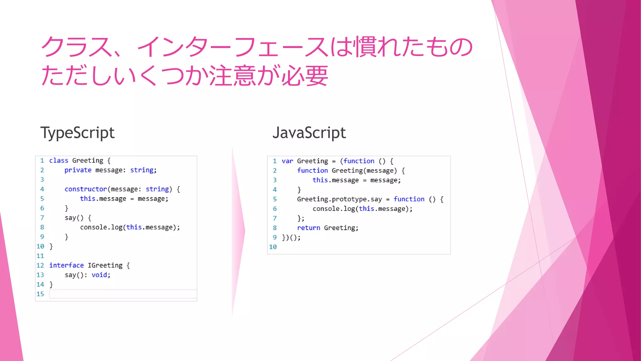 クラス、インターフェースは慣れたもの
ただしいくつか注意が必要
TypeScript

JavaScript

 