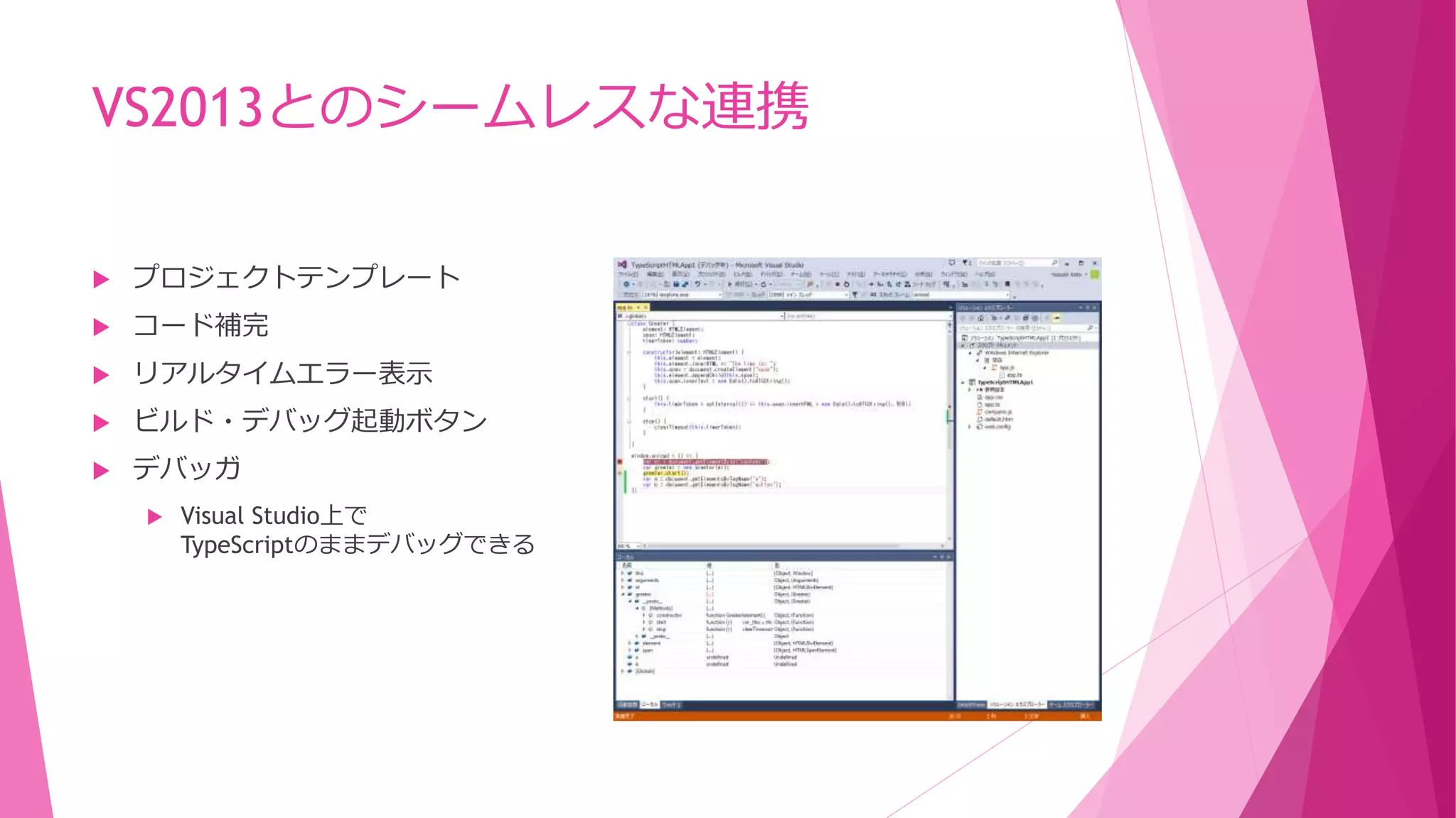 VS2013とのシームレスな連携


プロジェクトテンプレート



コード補完



リアルタイムエラー表示



ビルド・デバッグ起動ボタン



デバッガ


Visual Studio上で
TypeScriptのままデバッグできる

 