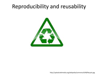 Reproducibility and reusability

http://upload.wikimedia.org/wikipedia/commons/4/48/Recycle.jpg

 