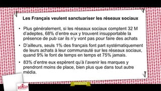 Les Français veulent sanctuariser les réseaux sociaux
•  Plus généralement, si les réseaux sociaux comptent 32 M
d’adeptes, 68% d’entre eux y trouvent insupportable la
présence de pub car ils n’y vont pas pour faire des achats
•  D’ailleurs, seuls 1% des français font part systématiquement
de leurs achats à leur communauté sur les réseaux sociaux,
quand 9% le font de temps en temps et 75% jamais.
•  83% d’entre eux espèrent qu’à l’avenir les marques y
prendront moins de place, bien plus que dans tout autre
média.

 