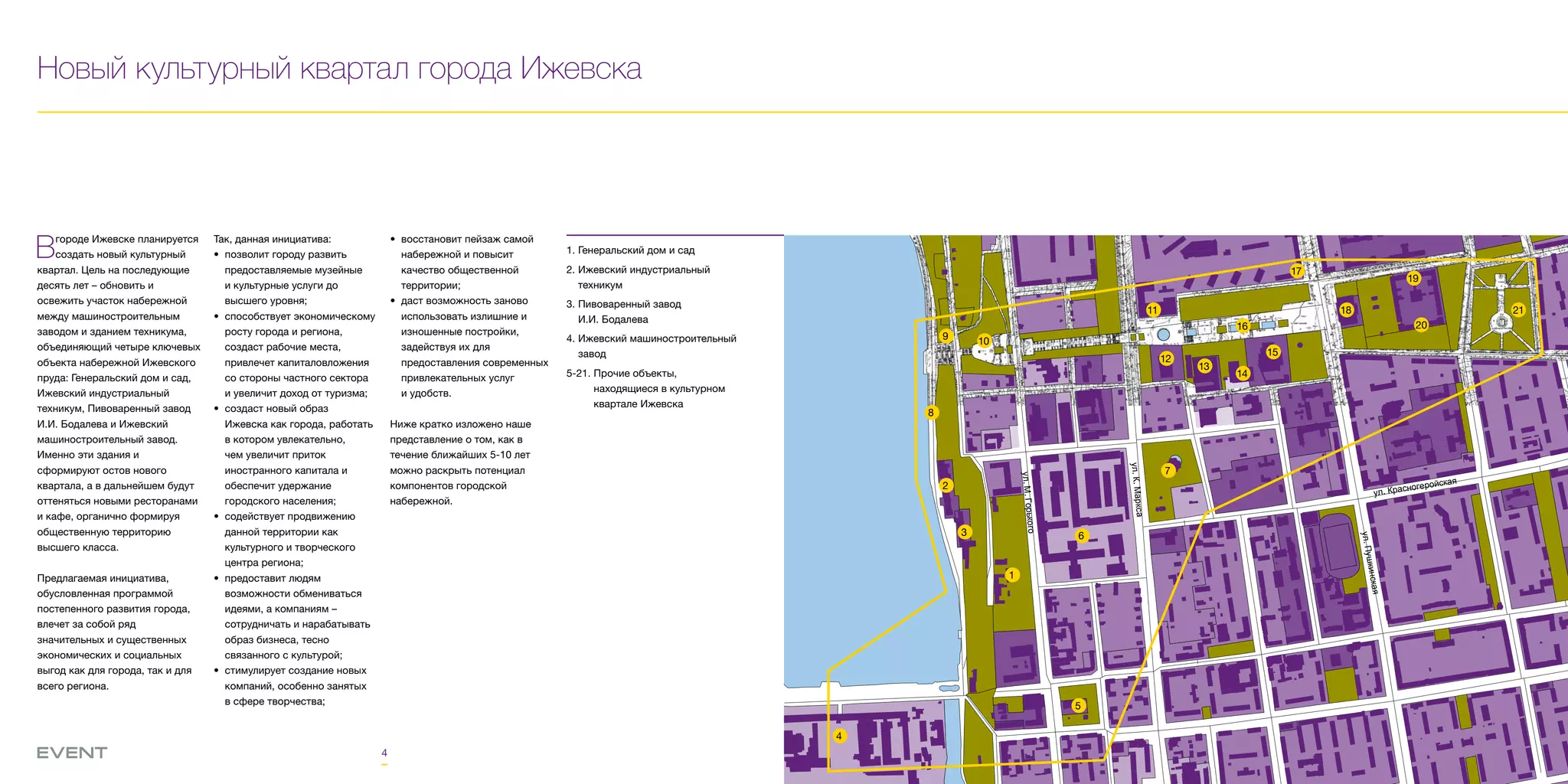 ул.К.Маркса
ул.Пушкинская
ул. Красногеройская
ул.М.Горького
4
Новый культурный квартал города Ижевска
Вгороде Ижевске планируется
создать новый культурный
квартал. Цель на последующие
десять лет – обновить и
освежить участок набережной
между машиностроительным
заводом и зданием техникума,
объединяющий четыре ключевых
объекта набережной Ижевского
пруда: Генеральский дом и сад,
Ижевский индустриальный
техникум, Пивоваренный завод
И.И. Бодалева и Ижевский
машиностроительный завод.
Именно эти здания и
сформируют остов нового
квартала, а в дальнейшем будут
оттеняться новыми ресторанами
и кафе, органично формируя
общественную территорию
высшего класса.
Предлагаемая инициатива,
обусловленная программой
постепенного развития города,
влечет за собой ряд
значительных и существенных
экономических и социальных
выгод как для города, так и для
всего региона.
Так, данная инициатива:
•	 позволит городу развить
предоставляемые музейные
и культурные услуги до
высшего уровня;
•	 способствует экономическому
росту города и региона,
создаст рабочие места,
привлечет капиталовложения
со стороны частного сектора
и увеличит доход от туризма;
•	 создаст новый образ
Ижевска как города, работать
в котором увлекательно,
чем увеличит приток
иностранного капитала и
обеспечит удержание
городского населения;
•	 содействует продвижению
данной территории как
культурного и творческого
центра региона;
•	 предоставит людям
возможности обмениваться
идеями, а компаниям –
сотрудничать и нарабатывать
образ бизнеса, тесно
связанного с культурой;
•	 стимулирует создание новых
компаний, особенно занятых
в сфере творчества;
•	 восстановит пейзаж самой
набережной и повысит
качество общественной
территории;
•	 даст возможность заново
использовать излишние и
изношенные постройки,
задействуя их для
предоставления современных
привлекательных услуг
и удобств.
Ниже кратко изложено наше
представление о том, как в
течение ближайших 5-10 лет
можно раскрыть потенциал
компонентов городской
набережной.
1
2
3
4
5
6
7
9
8
10
11
12
13
14
15
16
17
18
19
20
21
1. Генеральский дом и сад
2. Ижевский индустриальный
техникум
3. Пивоваренный завод
И.И. Бодалева
4. Ижевский машиностроительный
завод
5-21. Прочие объекты,
находящиеся в культурном
квартале Ижевска
 