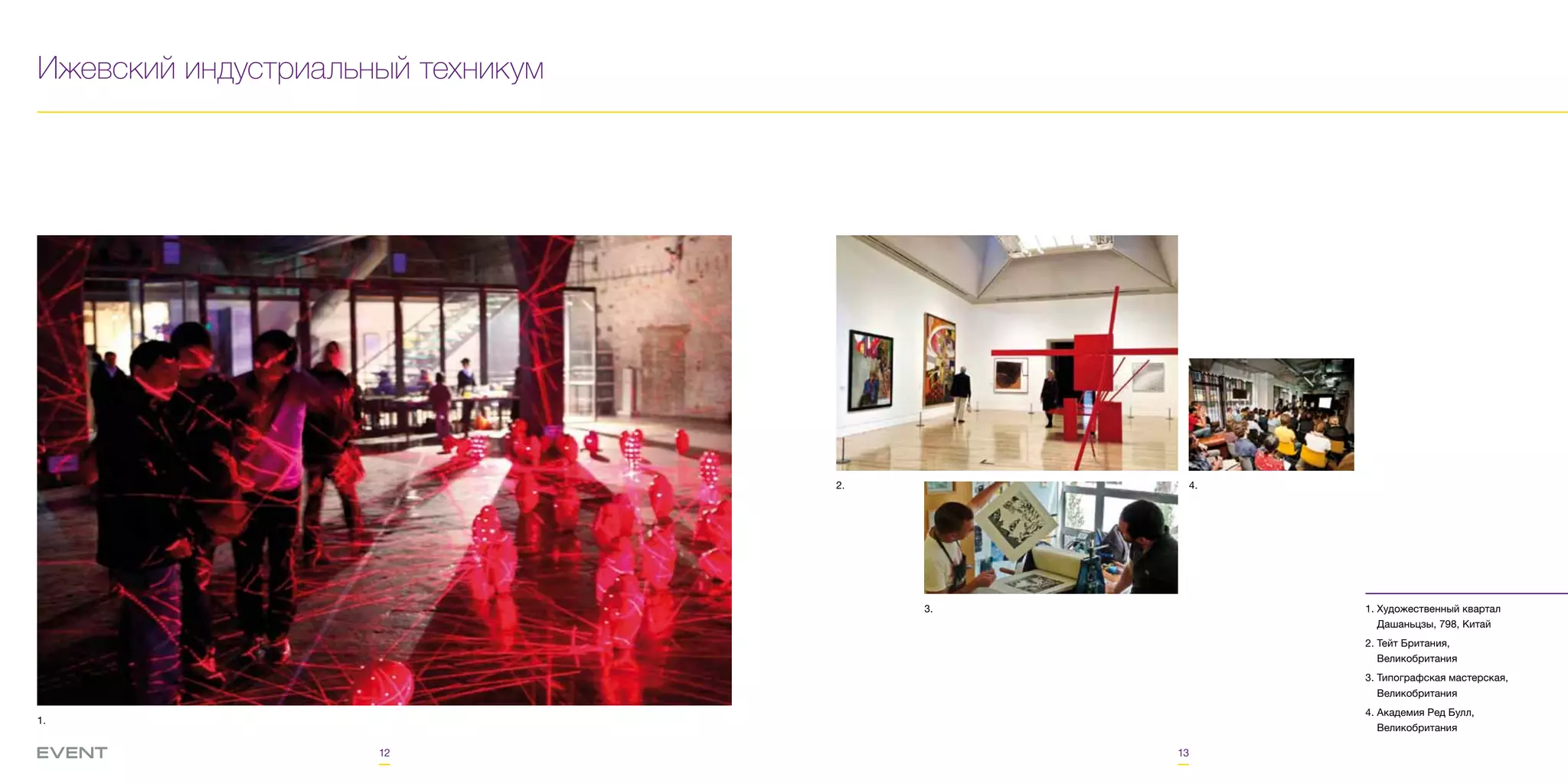 12 13
Ижевский индустриальный техникум
1. Художественный квартал
Дашаньцзы, 798, Китай
2. Тейт Британия,
Великобритания
3. Типографская мастерская,
Великобритания
4. Академия Ред Булл,
Великобритания
2. 4.
3.
1.
 