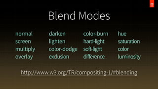 Blend Modes
normal
screen
multiply
overlay

darken
lighten
color-dodge
exclusion

color-burn
hard-light
soft-light
difference

hue
saturation
color
luminosity

http://www.w3.org/TR/compositing-1/#blending

 