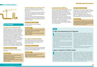 Résidentiel-tertiaire

Les mesures phares…
L’écoprêt logement social (éco-PLS)
La France a pour objectif de rénover les 800 000
logements sociaux les plus énergivores d’ici à 2020.
Dans ce cadre :
l’éco-PLS à taux bonifié a été mis en place de février
2009 à mai 2011 à destination des bailleurs sociaux ;
une deuxième génération d’éco-PLS est distribuée
depuis février 2012 ;
la mise en œuvre du plan d’investissements pour le
logement de mars 2013 viendra renforcer la dynamique
d’amélioration des performances énergétiques du parc
de logement français.

Quels résultats concrets ?

Dans l’existant
L’écoprêt à taux zéro (éco-PTZ)
Disponible depuis le 1er avril 2009, il concerne les
particuliers, propriétaires occupants ou bailleurs, qui
veulent entreprendre de gros travaux d’amélioration
de la performance énergétique de leur logement.
D’une durée maximale de 15 ans pour les travaux
les plus lourds et d’un montant pouvant atteindre
30 000 euros, cette aide vise également à encourager
la réalisation de travaux de rénovation lourde.
Elle est conditionnée à la réalisation d’un bouquet
de travaux ou à l’atteinte d’un niveau de performance
énergétique globale. L’éco-PTZ est cumulable avec
le CIDD sous condition de ressources.
À partir du 1er juillet 2014, l’éco-PTZ sera soumis à
un critère d’écoconditionalité : les travaux devront
être réalisés par des installateurs disposant du signe
de qualité « reconnu Grenelle de l’environnement ».

Quels résultats concrets ?
Entre 2009 et 2012, plus de 220 000 éco-PTZ ont
été souscrits.

Quels gains ?
À l’horizon 2020, la mise en œuvre (2009-2013)
de l’éco-PTZ devrait permettre :
GES : (mise en œuvre 2009-2011) une réduction
des émissions de 0,33 MteqCO2.
EE : une réduction de la consommation d’énergie
finale de 0,81 Mtep.

Ministère de l’Écologie, du Développement durable et de l’Énergie

Le système des certificats
d’économies d’énergie (CEE)
Il repose sur une obligation de réalisation d’économies
d’énergie imposée par les pouvoirs publics aux
fournisseurs d’énergie (vendeurs d’électricité, gaz,
fioul domestique, chaleur). Ces derniers sont incités
à promouvoir l’efficacité énergétique auprès de leurs
clients (ménages, collectivités locales ou
professionnels). Suite au succès rencontré lors de la
première période (2006-2009), une deuxième phase
a été lancée le 1er janvier 2011 (2011-2013) et élargie
aux vendeurs de carburants automobiles.
Cette deuxième phase va être prolongée d’un an,
avant le début d’une troisième période, actuellement
en cours de préparation.

Au total, 123 000 éco-PLS ont été distribués
au 1er janvier 2013.

Quels gains ?
Les éco-PLS distribués au 1er janvier 2013 permettent
une réduction annuelle de 0,29 MteqCO2.
Les gains visés sont :
EE : une réduction de la consommation d’énergie
finale de 0,08 Mtep.

Les espaces info énergie (EIE)
Nés en 2001, grâce à l’Ademe et au soutien des
collectivités partenaires, les EIE servent à conseiller
les particuliers sur l’efficacité énergétique et les
énergies renouvelables.

Quels résultats concrets ?
En 2010, 192 000 contacts ont été pris par les 400 conseillers
du réseau et se sont traduits par la réalisation de travaux
à hauteur de plus de 405 millions d’euros.

Quels gains ?
L’impact environnemental direct des EIE en 2011,
évalué par l’Ademe, correspond à :
GES : une réduction des émissions de 0,134 MteqCO2

Quels résultats concrets ?
L’objectif fixé lors de la première période (54 TWhcumac),
et réparti entre les fournisseurs d’énergie en fonction
de leurs volumes de ventes et des prix TTC des
énergies, a été dépassé (65,2 TWhcumac).
L’objectif de la deuxième période a été fixé à 115
TWhcumac/an. L’objectif de la troisième période est en
cours de définition et sera d’au moins 200 TWhcumac/an.

Quels gains ?
Les opérations ayant bénéficié de CEE au 31 décembre
2012 permettront une réduction des émissions de GES
de 6,0 Mt eqCO2 par an et de consommation d’énergie
de 2,23 Mtep par an à l’horizon 2015.

Focus

Le plan d’investissement pour le logement

L

e plan prévoit la réalisation de 500 000 rénovations thermiques par an à partir de 2015, avec
une attention particulière pour les logements en
situation de précarité énergétique et les logements
du parc social. Dans le secteur de la construction, il
prévoit 500 
000 logements neufs par an, dont
150 000 logements sociaux. La mise en œuvre de ces
objectifs repose sur :
des mesures d’accompagnement des ménages
dans la réalisation de travaux de rénovation (guichet
unique national et réseau de proximité, ambassadeurs de la rénovation énergétique, mobilisation des
collectivités, etc.) ;
la mise en place d’un dispositif de tiers-investissement ;

des aides nouvelles ou améliorées. Pour les ménages dont les revenus annuels n’excèdent pas
35 
000 euros (pour un couple), une prime de
1 
350 euros sera attribuée pour la réalisation d’un
bouquet de travaux. Elle sera disponible pendant
2 ans et permettra le financement de la rénovation
énergétique dans le parc des logements privés. CIDD
et éco-PTZ seront également optimisés et leurs
conditions d’attribution harmonisées. Le soutien à la
rénovation énergétique des logements sociaux prévoit aussi le renforcement de l’éco-PLS attribué aux
bailleurs sociaux ;
la professionnalisation de la filière et la fiabilisation
du diagnostic de performance énergétique.

L’Agence nationale de l’habitat (Anah)

E

lle aide les propriétaires occupants sous plafond
de ressources et les propriétaires bailleurs pour la
réalisation de travaux d’amélioration de l’habitat.
Le programme Habiter mieux vise à réaliser des travaux
de rénovation thermique pour 300 
000 ménages propriétaires occupants en situation de précarité énergétique. Il est pourvu de 1,35 Md€ sur la période 2010-2017
avec 500 M€ de l’État via les investissements d’avenir,
600 M€ de l’Anah et 250 M€ des fournisseurs d’énergie

dans le cadre du dispositif des certificats d’économies
d’énergie (CEE). Il alloue une aide complémentaire à
celle de l’Anah aux propriétaires occupants modestes
réalisant des travaux permettant un gain énergétique
d’au moins 25 % avec un accompagnement spécifique.
Depuis sa création, ce programme a permis de rénover près de 23 000 logements (chiffre au 30 juin 2013)
avec un gain énergétique moyen conventionnel
obtenu à l’issue des travaux de 38 %.

19

 