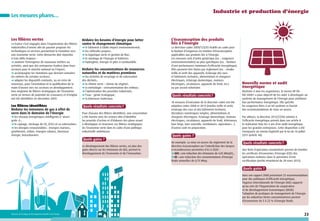 Industrie et production d’énergie

Les mesures phares…

Les filières vertes
La France s’est engagée dans l’organisation des filières
industrielles d’avenir afin de pouvoir proposer les
technologies et services permettant la transition vers
une économie verte. Cette démarche doit répondre
à trois défis majeurs :
soutenir l’émergence de nouveaux métiers ou
activités, ainsi que des entreprises leaders dans leurs
secteurs pour le marché national ou l’export ;
accompagner les mutations que devront connaître
les métiers de certains secteurs ;
adapter les dispositifs existants, ou en créer de
nouveaux, pour l’orientation et la qualification de la
main-d’œuvre vers les secteurs en développement.
Une vingtaine de filières stratégiques de l’économie
verte en termes de potentiel de croissance et d’emploi
ont été identifiées en décembre 2009.

Les filières identifiées
Réduire les émissions de gaz à effet de
serre dans le domaine de l’énergie
les réseaux énergétiques intelligents (« smart
grids ») ;
le captage, stockage du CO2 (CSC) et sa valorisation ;
les énergies renouvelables : énergies marines,
géothermie, éolien, énergies solaires, biomasse
énergie, biocarburants.

Réduire les besoins d’énergie pour lutter
contre le changement climatique
le bâtiment à faible impact environnemental ;
les véhicules propres ;
la logistique verte et gestion de flux ;
le stockage de l’énergie et batteries
hydrogène, énergie et piles à combustible.

Réduire les consommations de ressources
naturelles et de matières premières
les activités de recyclage et de valorisation
des déchets ;
la chimie verte – chimie du végétal ;
la métrologie – instrumentation des milieux ;
l’optimisation des procédés industriels ;
l’eau – génie écologique ;
la biomasse matériaux.

Quels résultats concrets ?
Pour chacune des filières identifiées, une concertation
a été menée avec les acteurs afin d’identifier
les priorités d’action et d’élaborer des plans visant
à développer et structurer ces filières stratégiques
de l’économie verte dans le cadre d’une politique
industrielle ambitieuse.

Quels gains ?
Le développement des filières vertes, en plus des
gains directs sur les émissions de GES, permet le
développement de l’économie et de l’innovation.

L’écoconception des produits
liés à l’énergie
La directive-cadre 2009/125/CE établit un cadre pour
la fixation d’exigences en matière d’écoconception
applicables aux produits liés à l’énergie.
Ces mesures sont d’ordre générique (ex. : exigences
environnementales) ou plus spécifiques (ex. : fixation
d’une performance minimum d’efficacité énergétique).
Elles peuvent être fixées par règlement (ex. : modes
veille et arrêt des appareils, éclairage des rues
et bâtiments tertiaires, alimentation et chargeurs
électriques, éclairage domestique, moteurs
électriques, circulateurs, appareils de froid, etc.)
ou par accord volontaire.

Quels résultats concrets ?
18 mesures d’exécution de la directive-cadre ont été
adoptées entre 2008 et 2013 (modes veille et arrêt,
éclairage des rues et des bâtiments tertiaires,
décodeurs numériques simples, alimentations et
chargeurs électriques, éclairage domestique, moteurs
électriques, circulateurs, appareils de froid, téléviseurs,
lave-linge, lave-vaisselle, ventilateurs, aspirateurs…).
D’autres sont en préparation.

Quels gains ?
Un exemple. La mise en œuvre du règlement de la
directive écoconception sur l’interdiction des lampes
à incandescence permettra d’ici à 2020 :
GES : une réduction des émissions de 4,05 MteqCO2 ;
EE : une réduction des consommations d’énergie
finale annuelles de 0,75 Mtep.

Nouvelle norme et audit
énergétique
Destinée à tous les organismes, la norme NF EN
ISO 50001 a pour objectif de les aider à développer un
système de management de l’énergie pour améliorer
leur performance énergétique. Elle spécifie
les exigences liées à un tel système et fournit
des recommandations de mise en œuvre.
Par ailleurs, la directive 2012/27/UE relative à
l’efficacité énergétique prévoit dans son article 8
la réalisation tous les 4 ans d’un audit énergétique
pour les grandes entreprises. Cette disposition a été
transposée au niveau législatif par la loi du 16 juillet
2013 (article 40).

Quels résultats concrets ?
Une fiche d’opération standardisée permet de bonifier
les certificats d’économies d’énergie (CEE) des
opérations réalisées dans le périmètre d’une
certification (arrêté ministériel du 28 mars 2012).

Quels gains ?
Dans son rapport 2008 présentant 25 recommandations
pour des politiques d’efficacité énergétique,
l’Agence internationale de l’énergie (AIE) rapporte
qu’au sein de l’Organisation de coopération
et de développement économiques (OCDE)
l’adoption de pratiques de management de l’énergie
par les industries fortes consommatrices permet
d’économiser de 5 à 22 % d’énergie finale.

Ministère de l’Écologie, du Développement durable et de l’Énergie

23

 
