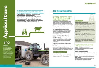 Agriculture

Agriculture

Les émissions de GES d’origine agricole représentaient,
en 2011, 102 MteqCO2 (hors puits de carbone dans
les sols agricoles), soit 20,9 % des émissions françaises.
L’agriculture reste le principal secteur émetteur
de méthane et de protoxyde d’azote.
La consommation d’énergie finale de l’agriculture
s’élevait à 4,21 Mtep en 2011, soit 2,7 % de la
consommation totale d’énergie finale de la France.
La consommation d’énergie du secteur est constituée
majoritairement de produits pétroliers (78 %).

102
MteqCO2

En 2011, les émissions
de GES d’origine agricole
se répartissaient entre le
protoxyde d’azote (52 %),
le méthane (37 %) et le CO2
(11 %). Entre 1990 et 2011, leur
réduction, due à la diminution
de la fertilisation azotée, à
la baisse des effectifs bovins
et au fléchissement de la
consommation d’énergie,
a atteint 7,7 %.

Ministère de l’Écologie, du Développement durable et de l’Énergie

Les mesures phares
La maîtrise des émissions azotées
liées à la fertilisation des cultures
et des émissions azotées et de
méthane liées à l’élevage
Si les livraisons d’engrais ont diminué en France
depuis vingt ans, la réduction des émissions de
protoxyde d’azote, par une meilleure maîtrise de la
fertilisation azotée et par la lutte contre les excédents
d’azote organique, reste un enjeu prioritaire pour le
secteur agricole.

Les programmes d’actions nitrates
Ils doivent être appliqués en zones vulnérables.
Ils visent à l’équilibre de la fertilisation azotée
et à la bonne maîtrise des fertilisants azotés,
dont les effluents d’élevage.

Le plan de maîtrise des pollutions
d’origine agricole
Il permet le développement de projets en faveur
d’une meilleure gestion des effluents d’élevage
(collecte, stockage, valorisation agronomique
par épandage).

Le développement de la méthanisation
agricole
Il permet la production d’énergie renouvelable,
la valorisation énergétique et agronomique
des déchets et effluents d’élevage et la réduction des
émissions de méthane liées aux effluents d’élevage.

Quels résultats concrets ?
Entre 1990 et 2011, les émissions de protoxyde d’azote
ont diminué de 11 %, principalement du fait de la
réduction des surfaces de grandes cultures.

Quels gains ?
Les programmes d’actions nitrates
En zones vulnérables (qui incluent 55 % des grandes
cultures), la réduction de la dose d’engrais par
un meilleur ajustement de l’objectif de rendement
représente un gisement de 1,2 MteqCO2 par an.
Le développement des légumineuses permettrait
une réduction des émissions de l’ordre de 0,5 MteqCO2
par an en 2020.
La mise en place d’un millier d’unités de
méthanisation agricole d’ici à 2020 devrait permettre
une économie de 0,95 MteqCO2 par an.
Le plan de modernisation des bâtiments d’élevage
Lancé en 2005, il a notamment contribué à la
modernisation de plus d’un tiers des exploitations
bovines fin 2012.

La réduction des émissions liées
à l’élevage
Le plan végétal environnement

Certaines actions du plan contribuent à la réduction
de la fertilisation azotée.

Le plan protéines végétales
La relance de la culture de plantes légumineuses permet
un stockage d’azote accru.

Le plan énergie méthanisation autonomie
azote (EMAA)
Lancé en 2013, il prévoit notamment de valoriser une
part plus importante des effluents d’élevage.

27

 