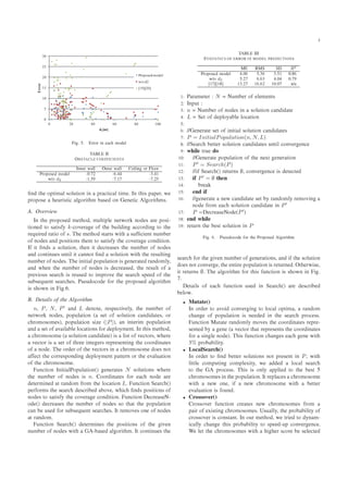 0
5
10
15
20
25
30
0 20 40 60 80 100
Error
d1[m]
Proposed model
w/o d2
[19][20]
º º ÖÖÓÖ Ò ÑÓ Ð
Ì Ä ÁÁ
Ç ËÌ Ä Ç Á Á ÆÌË
ÁÒÒ Ö Û ÐÐ ÇÙØ Ö Û ÐÐ Ð Ò ÓÖ ÐÓÓÖ
ÈÖÓÔÓ× ÑÓ Ð ¹¼º ¾ ¹ º ¹¿º ½
Û»Ó d2 ¹½º ¹ º½ ¹ º¾
¢Ò Ø ÓÔØ Ñ Ð ×ÓÐÙØ ÓÒ Ò ÔÖ Ø Ð Ø Ñ º ÁÒ Ø × Ô Ô Ö¸ Û
ÔÖÓÔÓ× ÙÖ ×Ø Ð ÓÖ Ø Ñ × ÓÒ Ò Ø Ð ÓÖ Ø Ñ×º
º ÇÚ ÖÚ Û
ÁÒ Ø ÔÖÓÔÓ× Ñ Ø Ó ¸ ÑÙÐØ ÔÐ Ò ØÛÓÖ ÒÓ × Ö ÔÓ× ¹
Ø ÓÒ ØÓ × Ø × Ý k¹ ÓÚ Ö Ó Ø Ù Ð Ò ÓÖ Ò ØÓ Ø
Ö ÕÙ Ö Ö Ø Ó Ó sº Ì Ñ Ø Ó ×Ø ÖØ× Û Ø ×Ù ¢ ÒØ ÒÙÑ Ö
Ó ÒÓ × Ò ÔÓ× Ø ÓÒ× Ø Ñ ØÓ × Ø × Ý Ø ÓÚ Ö ÓÒ Ø ÓÒº
Á Ø ¢Ò × ×ÓÐÙØ ÓÒ¸ Ø Ò Ø Ö × × Ø ÒÙÑ Ö Ó ÒÓ ×
Ò ÓÒØ ÒÙ × ÙÒØ Ð Ø ÒÒÓØ ¢Ò ×ÓÐÙØ ÓÒ Û Ø Ø Ö ×ÙÐØ Ò
ÒÙÑ Ö Ó ÒÓ ×º Ì Ò Ø Ð ÔÓÔÙÐ Ø ÓÒ × Ò Ö Ø Ö Ò ÓÑÐÝ¸
Ò Û Ò Ø ÒÙÑ Ö Ó ÒÓ × × Ö × ¸ Ø Ö ×ÙÐØ Ó
ÔÖ Ú ÓÙ× × Ö × Ö Ù× ØÓ ÑÔÖÓÚ Ø × Ö ×Ô Ó Ø
×Ù × ÕÙ ÒØ × Ö ×º È× Ù Ó Ó ÓÖ Ø ÔÖÓÔÓ× Ð ÓÖ Ø Ñ
× × ÓÛÒ Ò º º
º Ø Ð× Ó Ø Ð ÓÖ Ø Ñ
n¸ P¸ N¸ P Ò L ÒÓØ ¸ Ö ×Ô Ø Ú ÐÝ¸ Ø ÒÙÑ Ö Ó
Ò ØÛÓÖ ÒÓ ×¸ ÔÓÔÙÐ Ø ÓÒ ´ × Ø Ó ×ÓÐÙØ ÓÒ Ò Ø ×¸ ÓÖ
ÖÓÑÓ×ÓÑ ×µ¸ ÔÓÔÙÐ Ø ÓÒ × Þ ´|P|µ¸ Ò ÒØ Ö Ñ ÔÓÔÙÐ Ø ÓÒ
Ò × Ø Ó Ú Ð Ð ÐÓ Ø ÓÒ× ÓÖ ÔÐÓÝÑ ÒØº ÁÒ Ø × Ñ Ø Ó ¸
ÖÓÑÓ×ÓÑ ´ ×ÓÐÙØ ÓÒ Ò Ø µ × Ð ×Ø Ó Ú ØÓÖ×¸ Û Ö
Ú ØÓÖ × × Ø Ó Ø Ö ÒØ Ö× Ö ÔÖ × ÒØ Ò Ø ÓÓÖ Ò Ø ×
Ó ÒÓ º Ì ÓÖ Ö Ó Ø Ú ØÓÖ× Ò ÖÓÑÓ×ÓÑ Ó × ÒÓØ
Ø Ø ÓÖÖ ×ÔÓÒ Ò ÔÐÓÝÑ ÒØ Ô ØØ ÖÒ ÓÖ Ø Ú ÐÙ Ø ÓÒ
Ó Ø ÖÓÑÓ×ÓÑ º
ÙÒ Ø ÓÒ ÁÒ Ø ÐÈÓÔÙÐ Ø ÓÒ´µ Ò Ö Ø × N ×ÓÐÙØ ÓÒ× Û Ö
Ø ÒÙÑ Ö Ó ÒÓ × × nº ÓÓÖ Ò Ø × ÓÖ ÒÓ Ö
Ø ÖÑ Ò Ø Ö Ò ÓÑ ÖÓÑ Ø ÐÓ Ø ÓÒ Lº ÙÒ Ø ÓÒ Ë Ö ´µ
Ô Ö ÓÖÑ× Ø × Ö × Ö ÓÚ ¸ Û ¢Ò × ÔÓ× Ø ÓÒ× Ó
ÒÓ × ØÓ × Ø × Ý Ø ÓÚ Ö ÓÒ Ø ÓÒº ÙÒ Ø ÓÒ Ö × Æ¹
Ó ´µ Ö × × Ø ÒÙÑ Ö Ó ÒÓ × ×Ó Ø Ø Ø ÔÓÔÙÐ Ø ÓÒ
Ò Ù× ÓÖ ×Ù × ÕÙ ÒØ × Ö ×º ÁØ Ö ÑÓÚ × ÓÒ Ó ÒÓ ×
Ø Ö Ò ÓÑº
ÙÒ Ø ÓÒ Ë Ö ´µ Ø ÖÑ Ò × Ø ÔÓ× Ø ÓÒ× Ó Ø Ú Ò
ÒÙÑ Ö Ó ÒÓ × Û Ø ¹ × Ð ÓÖ Ø Ñº ÁØ ÓÒØ ÒÙ × Ø
Ì Ä ÁÁÁ
ËÌ ÌÁËÌÁ Ë Ç ÊÊÇÊ ÁÆ ÅÇ Ä ÈÊ Á ÌÁÇÆË
Å ÊÅË Ë R2
ÈÖÓÔÓ× ÑÓ Ð º¼ º¿ ¿º ½ ¼º
Û»Ó d2 º¾ º ¿ º¼ ¼º
½ ½ ½¿º¾ ½ º ¾ ½¼º¼ Ò»
½ È Ö Ñ Ø Ö N ÆÙÑ Ö Ó Ð Ñ ÒØ×
¾ ÁÒÔÙØ
¿ n ÆÙÑ Ö Ó ÒÓ × Ò ×ÓÐÙØ ÓÒ Ò Ø
L Ë Ø Ó ÔÐÓÝ Ð ÐÓ Ø ÓÒ
»» Ò Ö Ø × Ø Ó Ò Ø Ð ×ÓÐÙØ ÓÒ Ò Ø ×
P = InitialPopulation(n, N, L)
»»Ë Ö ØØ Ö ×ÓÐÙØ ÓÒ Ò Ø × ÙÒØ Ð ÓÒÚ Ö Ò
Û Ð ØÖÙ Ó
½¼ »» Ò Ö Ø ÔÓÔÙÐ Ø ÓÒ Ó Ø Ò ÜØ Ò Ö Ø ÓÒ
½½ P = Search(P)
½¾ »» Ë Ö ´µ Ö ØÙÖÒ× ∅¸ ÓÒÚ Ö Ò × Ø Ø
½¿ P = ∅ Ø Ò
½ Ö
½ Ò
½ »» Ò Ö Ø Ò Û Ò Ø × Ø Ý Ö Ò ÓÑÐÝ Ö ÑÓÚ Ò
ÒÓ ÖÓÑ ×ÓÐÙØ ÓÒ Ò Ø Ò P
½ P = Ö × ÆÓ ´P µ
½ Ò Û Ð
½ Ö ØÙÖÒ Ø ×Ø ×ÓÐÙØ ÓÒ Ò P
º º È× Ù Ó Ó ÓÖ Ø ÈÖÓÔÓ× Ð ÓÖ Ø Ñ
× Ö ÓÖ Ø Ú Ò ÒÙÑ Ö Ó Ò Ö Ø ÓÒ×¸ Ò Ø ×ÓÐÙØ ÓÒ
Ó × ÒÓØ ÓÒÚ Ö ¸ Ø ÒØ Ö ÔÓÔÙÐ Ø ÓÒ × Ö ØÙÖÒ º ÇØ ÖÛ × ¸
Ø Ö ØÙÖÒ× ∅º Ì Ð ÓÖ Ø Ñ ÓÖ Ø × ÙÒ Ø ÓÒ × × ÓÛÒ Ò º
º
Ø Ð× Ó ÙÒ Ø ÓÒ Ù× Ò Ë Ö ´µ Ö × Ö
ÐÓÛº
• ÅÙØ Ø ´µ
ÁÒ ÓÖ Ö ØÓ ÚÓ ÓÒÚ Ö Ò ØÓ ÐÓ Ð ÓÔØ Ñ ¸ Ö Ò ÓÑ
Ò Ó ÔÓÔÙÐ Ø ÓÒ × Ò Ò Ø × Ö ÔÖÓ ××º
ÙÒ Ø ÓÒ ÅÙØ Ø Ö Ò ÓÑÐÝ ÑÓÚ × Ø ÓÓÖ Ò Ø × Ö ÔÖ ¹
× ÒØ Ý Ò ´ Ú ØÓÖ Ø Ø Ö ÔÖ × ÒØ× Ø ÓÓÖ Ò Ø ×
ÓÖ × Ò Ð ÒÓ µº Ì × ÙÒ Ø ÓÒ Ò × Ò Û Ø
¿% ÔÖÓ Ð ØÝº
• ÄÓ ÐË Ö ´µ
ÁÒ ÓÖ Ö ØÓ ¢Ò ØØ Ö ×ÓÐÙØ ÓÒ× ÒÓØ ÔÖ × ÒØ Ò P¸ Û Ø
Ð ØØÐ ÓÑÔÙØ Ò ÓÑÔÐ Ü ØÝ¸ Û ÐÓ Ð × Ö
ØÓ Ø ÔÖÓ ××º Ì × × ÓÒÐÝ ÔÔÐ ØÓ Ø ×Ø
ÖÓÑÓ×ÓÑ × Ò Ø ÔÓÔÙÐ Ø ÓÒº ÁØ Ö ÔÐ × ÖÓÑÓ×ÓÑ
Û Ø Ò Û ÓÒ ¸ Ò Û ÖÓÑÓ×ÓÑ Û Ø ØØ Ö
Ú ÐÙ Ø ÓÒ × ÓÙÒ º
• ÖÓ××ÓÚ Ö´µ
ÖÓ××ÓÚ Ö ÙÒ Ø ÓÒ Ö Ø × Ò Û ÖÓÑÓ×ÓÑ × ÖÓÑ
Ô Ö Ó Ü ×Ø Ò ÖÓÑÓ×ÓÑ ×º Í×Ù ÐÐÝ¸ Ø ÔÖÓ Ð ØÝ Ó
ÖÓ××ÓÚ Ö × ÓÒ×Ø ÒØº ÁÒ ÓÙÖ Ñ Ø Ó ¸ Û ØÖ ØÓ ÝÒ Ñ¹
ÐÐÝ Ò Ø × ÔÖÓ Ð ØÝ ØÓ ×Ô ¹ÙÔ ÓÒÚ Ö Ò º
Ï Ð Ø Ø ÖÓÑÓ×ÓÑ × Û Ø Ö × ÓÖ × Ð Ø
 