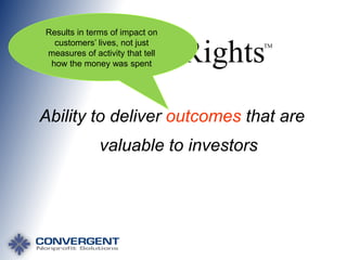 Results in terms of impact on
customers’ lives, not just
measures of activity that tell
how the money was spent

Asking Rights

TM

Ability to deliver outcomes that are

valuable to investors

 