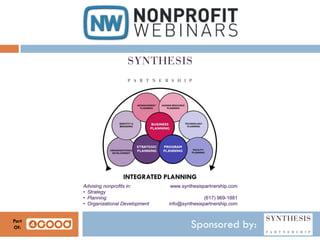 INTEGRATED PLANNING
Advising nonprofits in:
• Strategy
• Planning
• Organizational Development

Part
Of:

www.synthesispartnership.com
(617) 969-1881
info@synthesispartnership.com

Sponsored by:

 