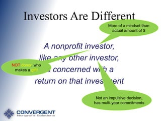 Investors Are Different
More of a mindset than
actual amount of $

A nonprofit investor,
like any other investor,
NOT donor, who
makes a gift!
is concerned with a
return on that investment
Not an impulsive decision,
has multi-year commitments

 