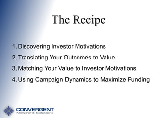 The Recipe
1. Discovering Investor Motivations
2. Translating Your Outcomes to Value
3. Matching Your Value to Investor Motivations
4. Using Campaign Dynamics to Maximize Funding

 