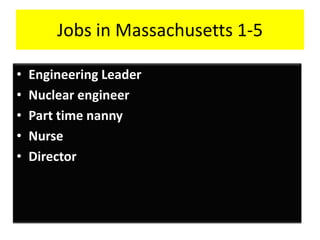 Jobs in Massachusetts 1-5

•   Engineering Leader
•   Nuclear engineer
•   Part time nanny
•   Nurse
•   Director
 