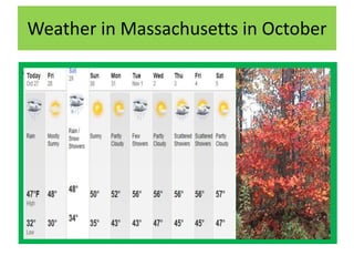 Weather in Massachusetts in October

•
 