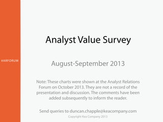 Analyst Value Survey
#ARFORUM

August-September 2013
Note: These charts were shown at the Analyst Relations
Forum on October 2013. They are not a record of the
presentation and discussion. The comments have been
added subsequently to inform the reader.
Send queries to duncan.chapple@keacompany.com
Copyright Kea Company 2013

 