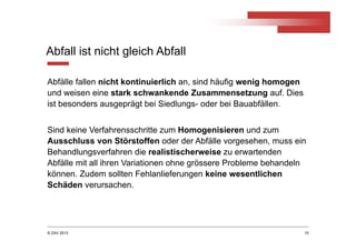 © ZAV 2013 10
Abfall ist nicht gleich Abfall
Abfälle fallen nicht kontinuierlich an, sind häufig wenig homogen
und weisen eine stark schwankende Zusammensetzung auf. Dies
ist besonders ausgeprägt bei Siedlungs- oder bei Bauabfällen.
Sind keine Verfahrensschritte zum Homogenisieren und zum
Ausschluss von Störstoffen oder der Abfälle vorgesehen, muss ein
Behandlungsverfahren die realistischerweise zu erwartenden
Abfälle mit all ihren Variationen ohne grössere Probleme behandeln
können. Zudem sollten Fehlanlieferungen keine wesentlichen
Schäden verursachen.
 