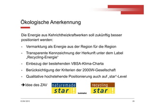 © ZAV 2013
Ökologische Anerkennung
23
Die Energie aus Kehrichtheizkraftwerken soll zukünftig besser
positioniert werden:
- Vermarktung als Energie aus der Region für die Region
- Transparente Kennzeichnung der Herkunft unter dem Label
„Recycling-Energie“
- Einbezug der bestehenden VBSA-Klima-Charta
- Berücksichtigung der Kriterien der 2000W-Gesellschaft
- Qualitative hochstehende Positionierung auch auf „star“-Level
Idee des ZAV
 