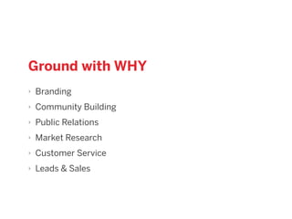 ‣ Branding
‣ Community Building
‣ Public Relations
‣ Market Research
‣ Customer Service
‣ Leads & Sales
Ground with WHY
 
