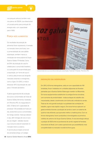 nos parques eólicos) também está
nos planos da QGGN, que desenvolve
um projeto-piloto para produção de
energia solar, com capacidade
para 4 MW.

Força nos alimentos
Os resultados da produção de
alimentos foram expressivos. A entrada
no mercado interno de frutas, com
a comercialização de uvas padrão
exportação, também marcou a
introdução da marca própria do Grupo
Queiroz Galvão (Timbaúba). Cerca
de 30% da produção de uvas foi
voltada para o consumidor brasileiro,
e a outra parte foi encaminhada para

Concentrado de suco acondicionado para exportação, Fazenda Timbaúba, Petrolina (PE)

a exportação, em forma de suco e
in natura, pela primeira vez atingindo
mercados distantes e emergentes,

INOVAÇÃO NA SIDERURGIA

como o Egito. Em 2013, a meta é
direcionar 40% da produção de uvas
para o mercado doméstico.

Em 2012, 42 fornos retangulares, cada um com capacidade de 100
toneladas, foram instalados em unidades adjacentes às florestas
plantadas que a Queiroz Galvão Siderurgia mantém no Maranhão.

A planta agroindustrial de produção
de sucos e concentrados de frutas da
Queiroz Galvão Alimentos, localizada
em Petrolina (PE), foi inaugurada em
2012. A fábrica tem capacidade de
processar 120 toneladas de frutas por
dia, produzindo sucos e concentrados
de manga, acerola, maracujá, abacaxi
e caju, além de água de coco e suco
de uva integral – bebidas naturais
cujo consumo está em ascensão no
mercado interno e externo.
A carcinicultura (criação comercial
de camarões) atingiu um estágio
40 Queiroz Galvão Relatório Anual 2012

Os novos equipamentos substituíram os antigos fornos circulares,
com aumento da produtividade – todas as etapas do trabalho são
mecanizadas, desde o enchimento com lenha até a retirada do carvão.
Trata-se de uma grande evolução na qualidade das condições de
trabalho, agora mais rápido e seguro. Os novos fornos capturam os
gases emitidos durante a produção de carvão e usam um sistema de
queima mais eficiente, que aproveita melhor a matéria-prima. Com os
fornos retangulares, foram produzidos e homologados os primeiros
créditos de carbono do Grupo Queiroz Galvão. A nova tecnologia reforça
a posição da QGS entre os produtores de carvão vegetal de florestas
renováveis do Brasil, com custos operacionais que possibilitarão mais
competitividade no mercado mundial de ferro-gusa.

 