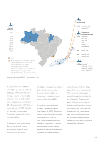 Mapa de operações da QGOG − distribuição da frota

A companhia encerrou 2012 com

tecnológico, é o segundo da categoria

ultraprofundas, com lâmina d’água

um portfólio que inclui 12 sondas de

a ser operado pela companhia.

de até 3 mil metros e poços de até

perfuração offshore, oito delas em

O primeiro, Amaralina Star, foi

12 mil metros de profundidade, o

operação e quatro em construção,

incorporado à frota alguns meses

que as habilita a atuar nas áreas do

incluindo o navio-sonda Brava Star,

antes, em setembro de 2012.

pré-sal brasileiro. Ambas operam

com entrega prevista para o final de

para a Petrobras, em contrato com

2014. Quatro unidades FPSO (três em

A entrada em operação dessas

duração inicial de seis anos e opção

construção e um, o FPSO Capixaba,

unidades marca a expansão e a

de renovação pelo mesmo período.

em operação, contratado pela

diversificação da QGOG, diferenciais

Boa parte dos 180 tripulantes de

Petrobras) e nove sondas onshore

de uma companhia que alia inovação

cada navio-sonda foi selecionada

completam a lista.

tecnológica – com o uso dos

em escolas técnicas brasileiras e

mais modernos equipamentos de

treinada por intermédio do programa

A chegada do navio-sonda Laguna

navegação e perfuração – a equipes

CapacitAÇÃO, da QGOG.

Star, ao final de 2012, coroou

especializadas, com alto nível de

as realizações do ano. O navio,

treinamento. As duas unidades foram

construído com alto padrão

projetadas para operar em águas
73

 