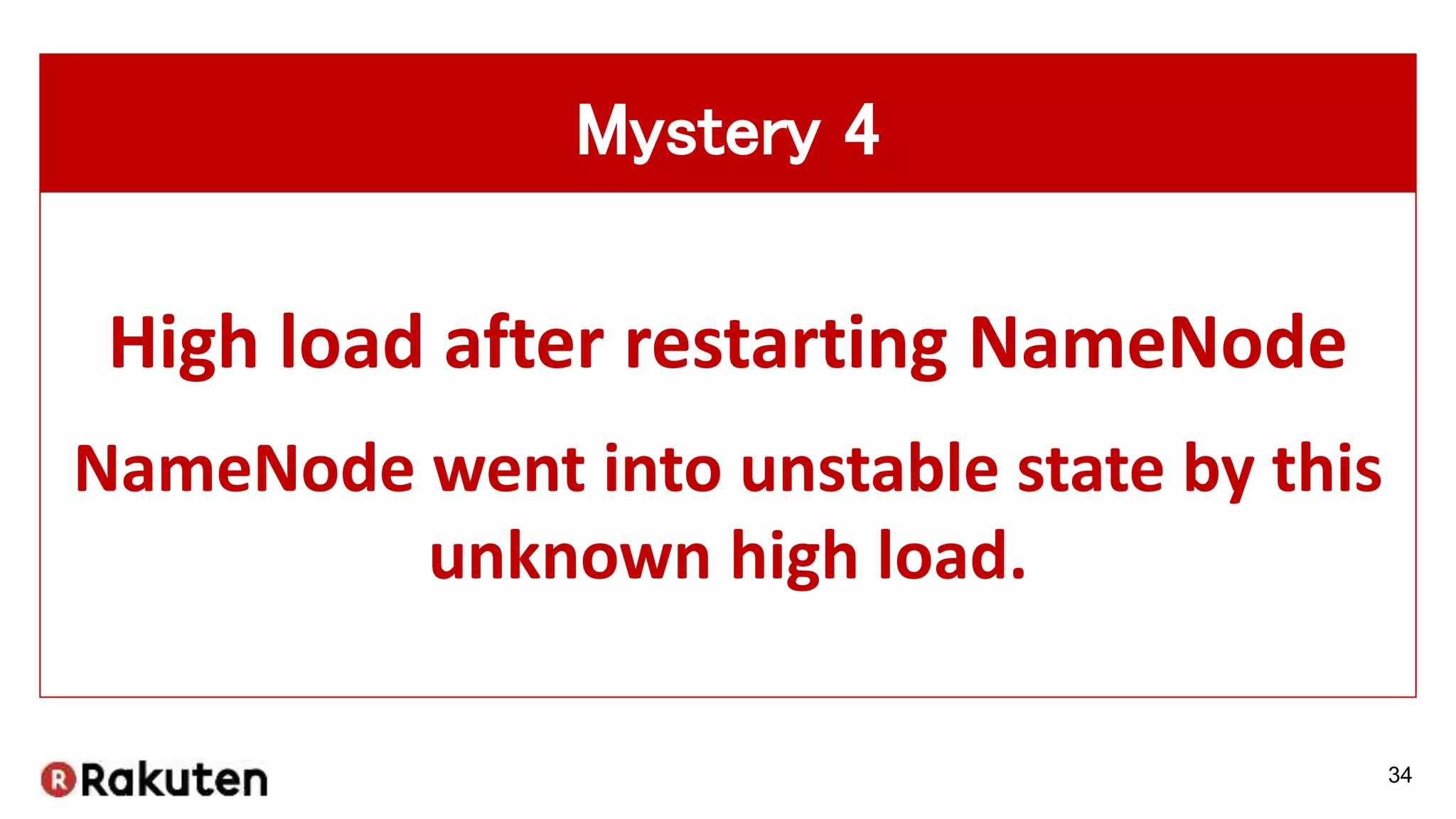 34
High load after restarting NameNode
NameNode went into unstable state by this
unknown high load.
Mystery 4
 
