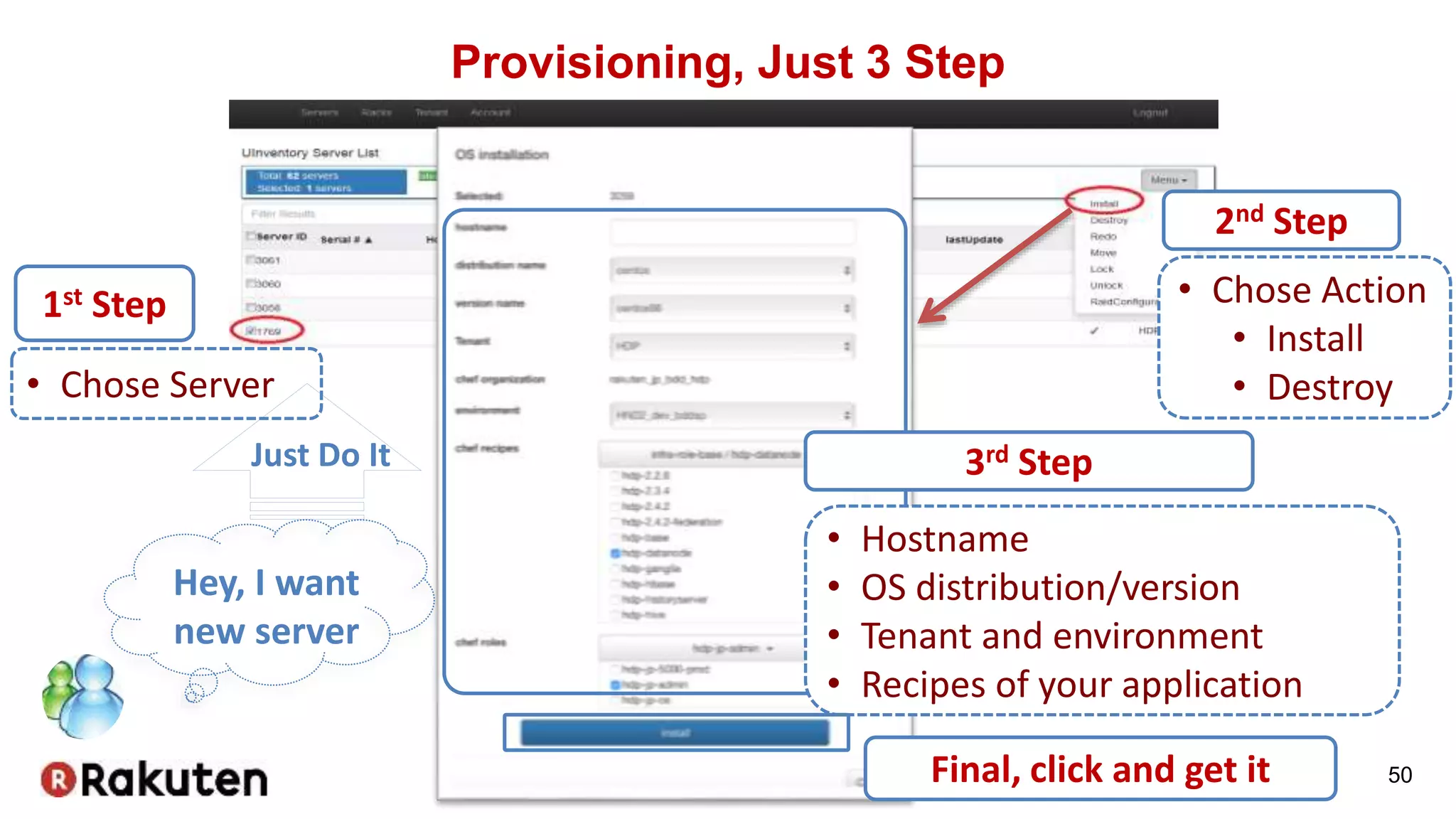 Provisioning, Just 3 Step
50
1st Step
• Chose Server
2nd Step
• Chose Action
• Install
• Destroy
3rd Step
• Hostname
• OS distribution/version
• Tenant and environment
• Recipes of your application
Final, click and get it
Hey, I want
new server
Just Do It
 