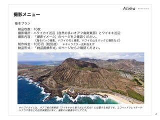 撮影メニュー
基本プラン
 納品枚数：10枚
 撮影場所：ハワイカイ近辺（自然の多いオアフ島南東部）とワイキキ近辺
 撮影内容：「撮影イメージ」のページをご確認ください。
      （海をバック撮影、ハワイの花と撮影、ハワイの山をバックに撮影など）
 制作料金：10万円（税別途） ＊キャラクター送料含まず
 納品形式：「納品画像形式」のページからご確認ください。
 
 

＊ハワイカイとは、オアフ島の南東部（ワイキキから車でおよそ30分）に位置する地区です。ココヘッドクレイターや
ハナウマ湾などの自然保護区が多く、撮影には最適なエリアです。

4

 