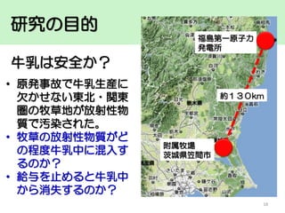 研究の目的
福島第一原子力
発電所

牛乳は安全か？
• 原発事故で牛乳生産に
欠かせない東北・関東
圏の牧草地が放射性物
質で汚染された。
• 牧草の放射性物質がど
の程度牛乳中に混入す
るのか？
• 給与を止めると牛乳中
から消失するのか？

約１３０km

附属牧場
茨城県笠間市

18

 