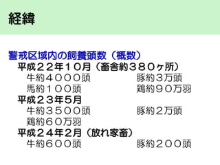 経緯
警戒区域内の飼養頭数（概数）
平成２２年１０月（畜舎約３８０ヶ所）
牛約４０００頭
豚約３万頭
馬約１００頭
鶏約９０万羽
平成２３年５月
牛約３５００頭
豚約２万頭
鶏約６０万羽
平成２４年２月（放れ家畜）
牛約６００頭
豚約２００頭

 