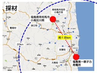 採材

南相馬市役所
小高庁舎

福島県南相馬市
小高区川房
浪江町
葛尾村

約１８km
20km
双葉町

大熊町

福島第一原子力
発電所

 