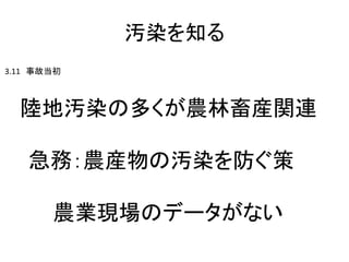 汚染を知る
3.11 事故当初

陸地汚染の多くが農林畜産関連

急務：農産物の汚染を防ぐ策
農業現場のデータがない

 