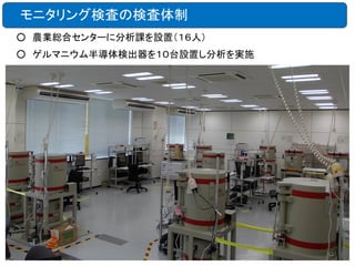 モニタリング検査の検査体制
○ 農業総合センターに分析課を設置（１６人）
○ ゲルマニウム半導体検出器を１０台設置し分析を実施

62

 