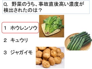 Q. 野菜のうち、事故直後高い濃度が
検出されたのは？

１ ホウレンソウ
２ キュウリ
３ ジャガイモ

 