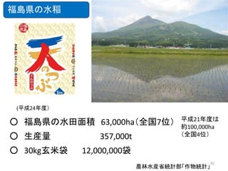福島県の水稲

(平成24年度）

○ 福島県の水田面積 63,000ha（全国7位）
○ 生産量
○ 30kg玄米袋

357,000t

平成21年度は
約100,000ha
（全国4位）

12,000,000袋
農林水産省統計部「作物統計」

81

 
