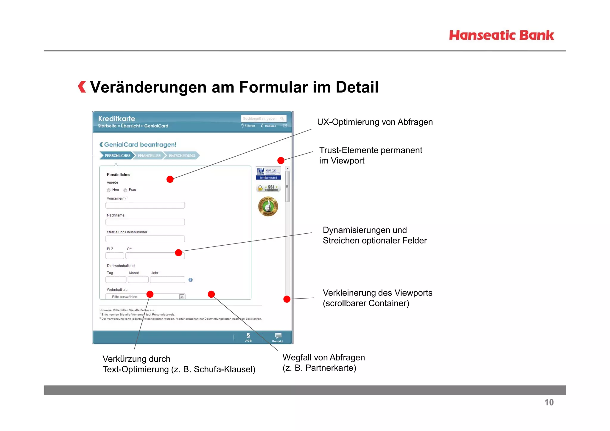 Veränderungen am Formular im Detail
UX-Optimierung von Abfragen
Trust-Elemente permanent
im Viewport

Dynamisierungen und
Streichen optionaler Felder

Verkleinerung des Viewports
(scrollbarer Container)

Verkürzung durch
Text-Optimierung (z. B. Schufa-Klausel)

Wegfall von Abfragen
(z. B. Partnerkarte)

10

 