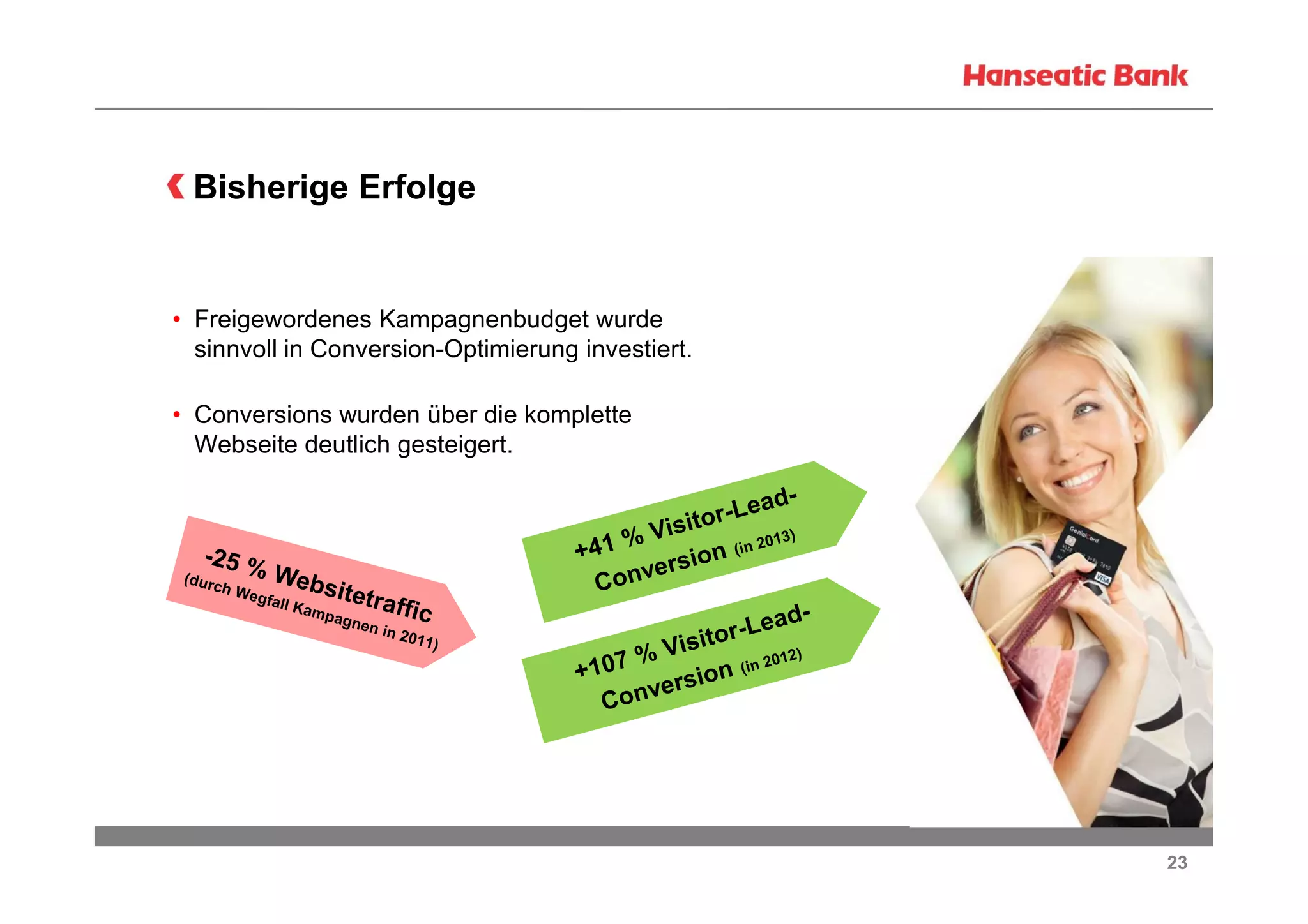 Bisherige Erfolge

• Freigewordenes Kampagnenbudget wurde
sinnvoll in Conversion-Optimierung investiert.
• Conversions wurden über die komplette
Webseite deutlich gesteigert.

23

 