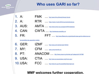 Who uses GARI so far?
1.
2.
3.
4.
5.

A:
A:
AUS:
CAN:
FR:

FMK …
RTR …
AMTA …
CWTA …
FFT …

http://www.fmk.at/Handy/Handy-Suche

https://www.rtr.at/en/tk/Konsumentenberatung

http://www.amta.org.au/pages/GARI.Database

http://wirelessaccessibility.ca/

http://www.fftelecoms.org/articles/la-base-gari-la-reference-sur-

laccessibilite-des-appareils-mobiles

6. GER:
7. MY:
8. PT:
9. USA:
10. USA:

IZMF …
CFM …
ANACOM …
CTIA …
FCC …

http://www.izmf.de/de/node/100342

www.consumerinfo.my

http://www.anacom.pt/render.jsp?categoryId=347088

http://www.accesswireless.org/Home.aspx

http://www.fcc.gov/AccessibilityClearinghouse

MMF welcomes further cooperation.

 