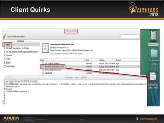 Client Quirks

CONFIDENTIAL
© Copyright 2013. Aruba Networks, Inc.
All rights reserved

42

#airheadsconf

 